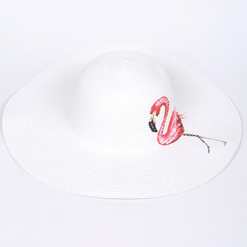 White Straw Hat with Pink Flamingo